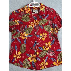 Vintage Hawaiian Shirt Size S Rayon Sequin Floral Red Short Sleeve Button Up